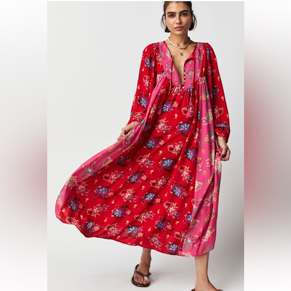 Free People Spell Solstice Boho Midi Dress in Salsa Rose NWT Vintage Look Smoked